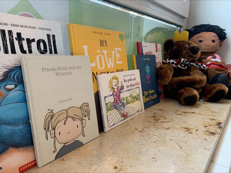Verschiedene Kinderbücher sind auf einer Fensterbank aufgereiht und daneben befinden sich Kuscheltiere, wie ein brauner Bär mit Krone.